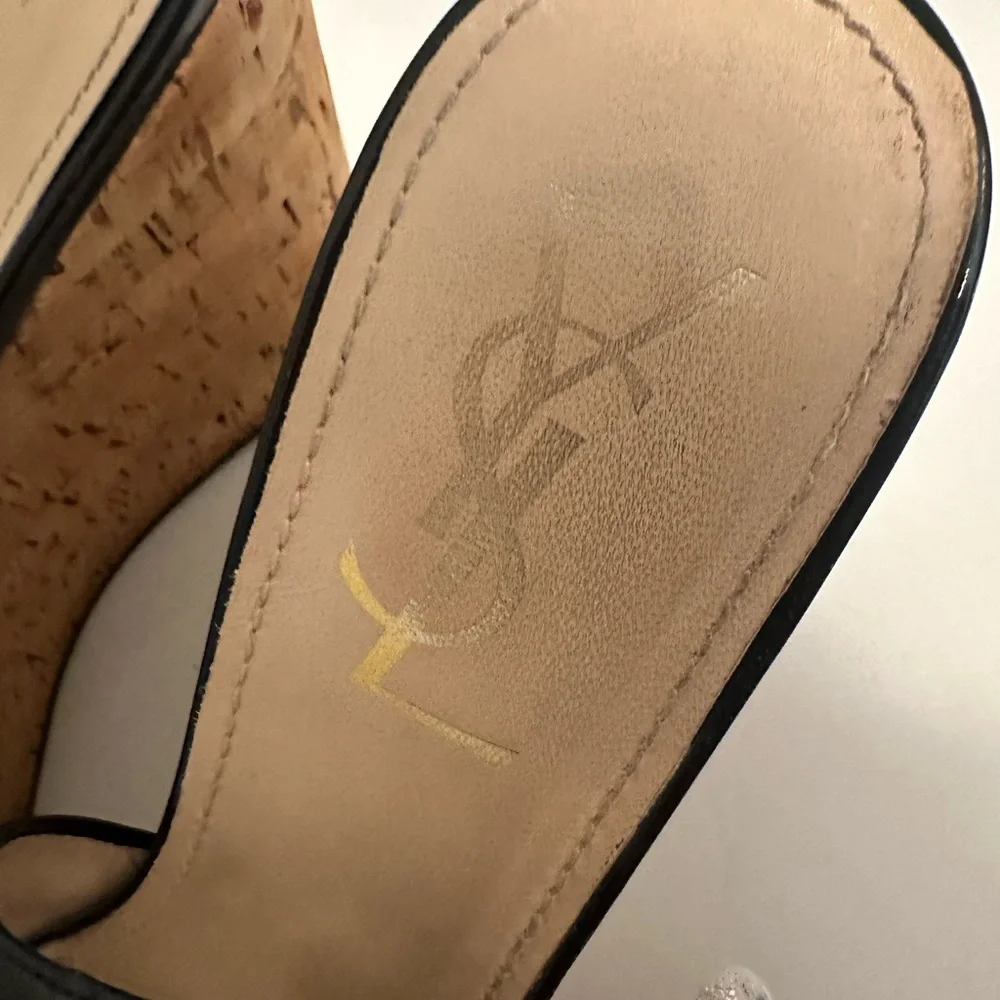Yves Saint Laurent YSL Black Patent Leather Slingback Cork Wedge Platform EU 40